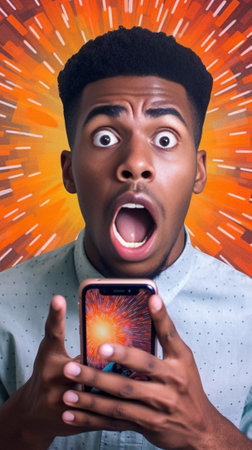 Shocked dark skinned young man stares with bugged eyes keeps jaw dropped wears transparent glasses recieves unexpected message on cell phone dressed in formal purple shir : Generative AIの素材