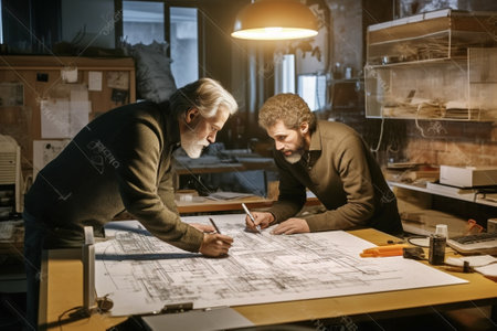 Two engineers or designers working on construction project analyzing blueprint on digital tablet discussing plans in office with scale model house helmets and architectur : Generative AIの素材