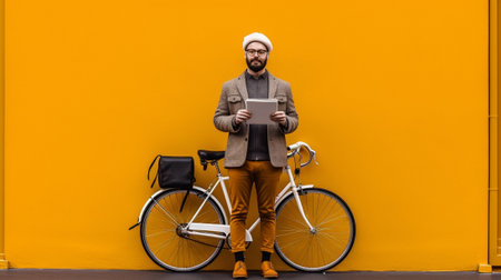 Young bearded tourist holding modern tablet in hand searching for route where to go and what to explore next with his bicycle Stylish guy using modern gadget at home befo : Generative AIの素材