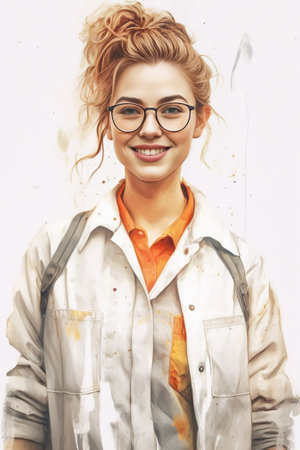 Positive female student studies chemistry at university keeps hands together awaits for results of chemical experiment has dirty traces from glasses breaks through paper  : Generative AIの素材