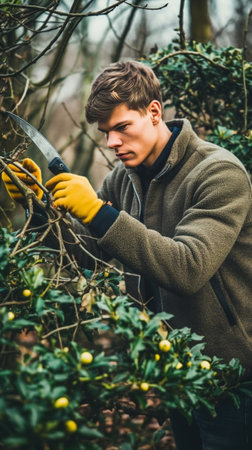 Shocked male professional gardener looks with great surprisement at sharp pruning shears ready to cut branches during early spring wears casual uniform Maintenance trimmi : Generative AIの素材