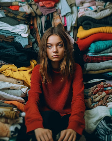 Hesitant European woman focused at smartphone camera has talk with followers films video online gives recommedations about doing laundry has her own domestic blog piles o : Generative AIの素材