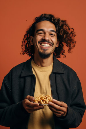 Unknown dark skinned bearded man shows only mouth has broad toothy smile fully covered with dry cornflakes going to make delicious healthy breakfast Overhead view Creativ : Generative AIの素材