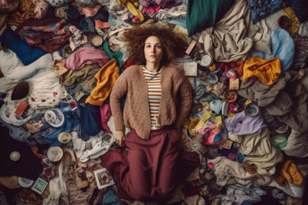 Wondered curly haired ethnic woman focused above surrounded by multicolored laundry cluttered with clothes collects clothing for recycling isolated over white background  : Generative AIの素材