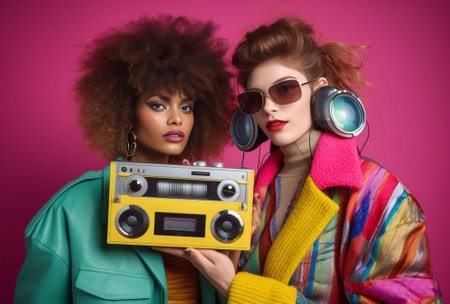 Studio shot of mixed race two women stand shocked stare speechless pose back to eath other have curly hair wear stereo headphones listen music isolated over blue backgrou : Generative AIの素材