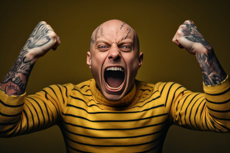 Joyful bearded man with fat belly clenches fists happy as won competition has tattoos dressed in undersized striped shirt feels lucky poses indoor over yellow background  : Generative AIの素材