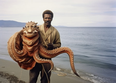 Horizontal shot of stunned experienced boatswain or fisherman holds big octopus didnt expect to catch such huge sea creature poses with fishing net on shoulders being mem : Generative AIの素材
