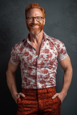 Goodlooking stylish redhead entrepreneur or office worker with thick beard and rectangle glasses posing isolated against gray wall background with copy space for your tex : Generative AIの素材