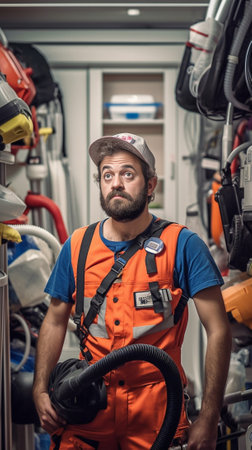 Serious stout bearded man has image of fairy poses with plunger and cleaning detergent busy tidy up room wears face mask winks undersized t shirt and pleated skirt isolat : Generative AIの素材