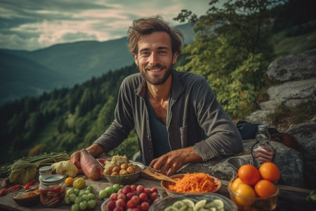 Beautiful bearded man hiker smiling happy eating an apple during break and showing thumbs up Portrait of happy man multiracial aucasian model : Generative AIの素材