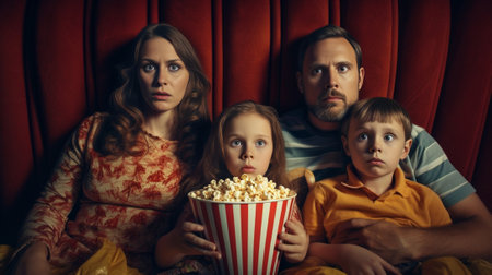 Scared ginger family of three watch horror film terrified by scarying scene father covers eyes of small daughter not to see something awful eat popcorn go to cinema toget : Generative AIの素材