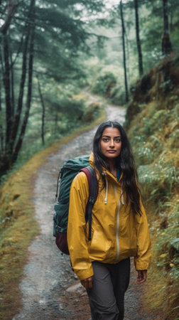Active female explorer walks through path in forest enjoys sunny day and good weather wears yellow raincoat rubber boots being on her way covers long distance Backpacker  : Generative AIの素材