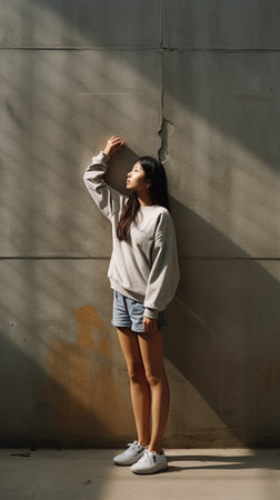 Young girl wearing grey blank tshirt and blue jeans shorts Concrete wall background with copy space for your text message or promotional content : Generative AIの素材