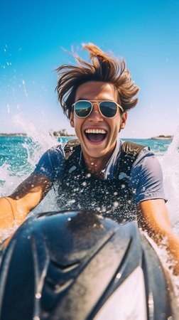Headshot of cheerful young tourist learn how to surf poses against sea shore background has pleased expression shows white teeth satisfied with ride on waves Protection f : Generative AIの素材