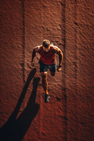 Top view athlete runner training at road in black sportswear at central position Man running on country road healthy inspirational fitness lifestyle sport motivation spee : Generative AIの素材