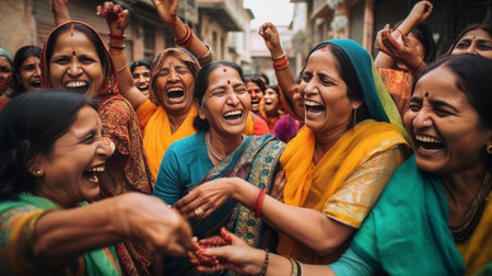 Welcoming brightness and happiness of spring Overjoyed playful woman keeps both hands on chest from excitement impressed by one of largest celebrations in India has color : Generative AIの素材