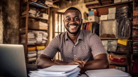 Smiling black male restaurater makes financial report and does shopping online buys products for restaurant studies annual figures analyzes profits Enterprise owner check : Generative AIの素材