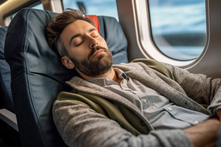 Tired or sick male passenger yawns as wants to sleep has sleepy expression suffers from insomnia during plane travel has jet lag travells qiuckly across parts of world ch : Generative AIの素材