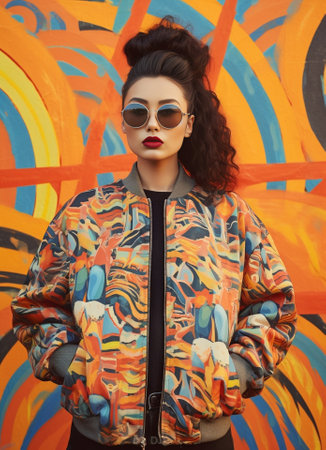 Surprised ethnic hipster girl keeps lips rounded has shocked face expression wears trendy orange sunglasses black jacket looks displeased poses against graffiti wall Urba : Generative AIの素材