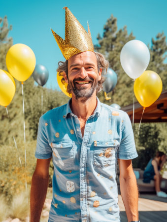 Vertical image of nervous male bites finger nails feels embarrassed in presence of many guests poses with colorful balloons celebrates birthday wears cone paper hat Stude : Generative AIの素材
