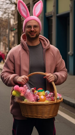 Funny red haired man in casual clothes suggests to buy small decorative white bunny wears long rabbits ears defends rights of animals has tattoos on arms ready to celebra : Generative AIの素材