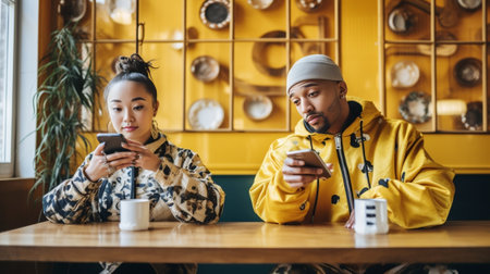 Horizontal view of playful positive mixed race couple cuddle and sing happily boost energy and mood with cool music on smartphone drink fresh coffee look upbeat and enter : Generative AIの素材