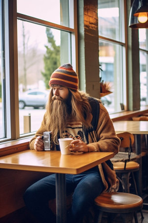 Indoor portrait of fashionable young bearded hipster in trendy hat sitting on wooden chair at modern cafeteria listening to music or audiobook online on earphones while w : Generative AIの素材