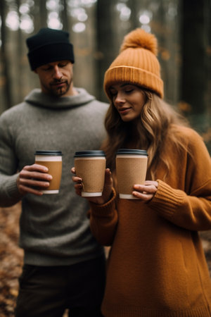 Mixed race happy woman and man spend free time in nature enjoy camping activity hold roasted marshmallow drink coffee have snak and drink together dressed in casual cloth : Generative AIの素材