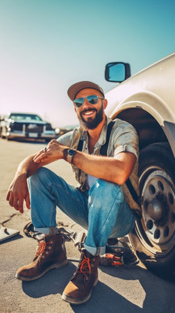 Young brutal man sits near car talking on cell phone because his auto broken down Caucasian male on a beautiful bright sunny summer day trying to call friend that they he : Generative AIの素材