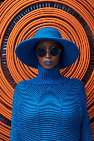 Speechless dark skinned young Afro American woman has impressed face expression wears stereo headphones keeps mouth opened dressed in oversized knitted sweater isolated o : Generative AIの素材