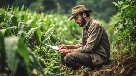 Science biology ecology research and people concept Side view of handsome bearded ecologist or biologist in hat and with briefcase at field work holding some exotic plant : Generative AIの素材