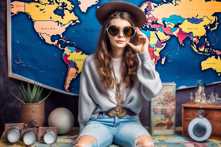 Positive smiling young female tourist searches for inspiring places holds paper map finds new sightseeing for discovering wears round spectacles red bandana isolated on b : Generative AIの素材