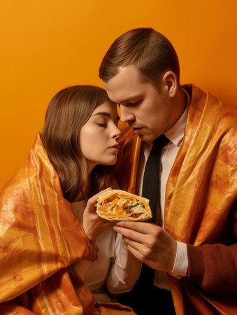 Young female and male touch stomaches feel satiety after eating hearty meal bites lips have good appetite dressed in casual outfit pose against yellow and purple wall Ple : Generative AIの素材