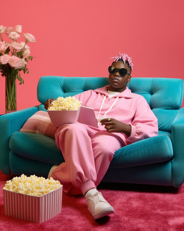 Embarrased man focused at tv screen changes channels with remote control watches something attentively dressed in casual clothes sits crossed legs on comfortable sofa aga : Generative AIの素材