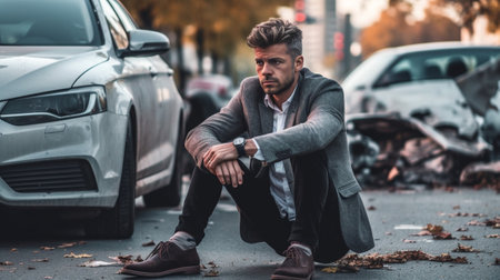 Disappointed unshaven man with deep injuries hit by car during crossing road fell on asphalt uses crutches because of fractures wears casual sweatshirt cures in clinic ha : Generative AIの素材