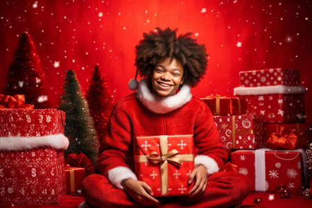 Horizontal shot of overjoyed African American woman has fun pretends playing guitar on fir tree wears reindeer antlers red gloves looks gladfully has festive mood isolate : Generative AIの素材