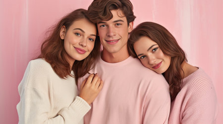 Horizontal shot of three mixed race teenagers spend time together pose for common photo against pink background Satisfied guy in eyewear and denim shirt stands between tw : Generative AIの素材