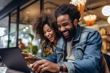 African couple having coffee at a cafe black girl sitting in front of laptop pointing at the screen and laughing looking through wedding photos together with her husband  : Generative AIの素材