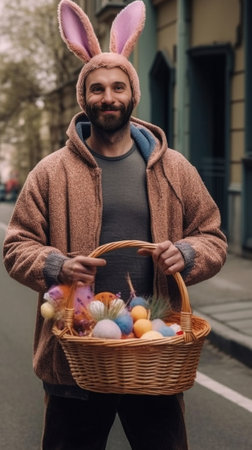 Horizontal shot of happy ginger hipster guy expresses positive emotions wears bunny ears has tattoo holds pot with small rabbit and two decorated eggs symbols of Easter H : Generative AIの素材