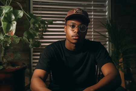 Indoor shot of confident male enterpreneur wears trendy cap looks strictly from spectacles being indignant cant understand where colleagues are Fashionable dark skinned h : Generative AIの素材
