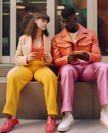 Upset dark skinned woman uses modern smartphone sits on chair puzzled man with potted cactus feels bored and displeased isolated over vivid pink studio background Interra : Generative AIの素材