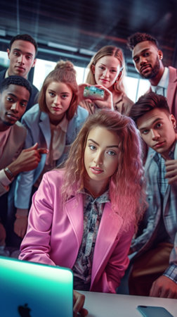 Modern education business startup friendship and teamwork concept International team of diverse ambitious talented young people standing in line in studio using electroni : Generative AIの素材