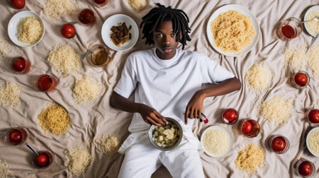 View from above of cheerful dark skinned woman buried in pasta keeps eyes closed shows only face smiles broadly shows white teeth prepares macaroni for supper Dough produ : Generative AIの素材
