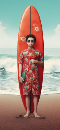 Water sport concept Happy delighted surfboarder in diving suit uses red board for hiting waves being in good mood poses against blurred background outdoor Tourist during  : Generative AIの素材