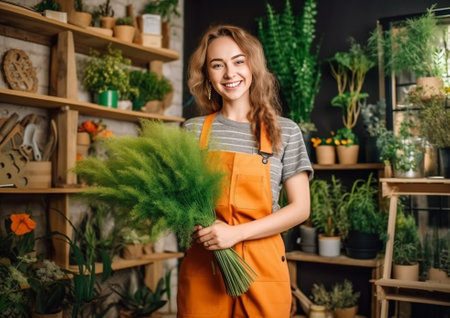 Horizontal shot of optimistic professional florist cares about indoor potted plant holds pruning shears cuts sansevieria wears casual apron isolated on purple background  : Generative AIの素材