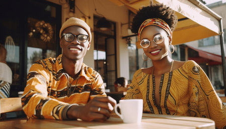 Young African American man in glasses drinking cappuccino with his beautiful girlfriend Happy stylish friends having coffee together sitting at a cafe laughing and having : Generative AIの素材