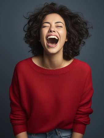 Winter beauty young woman portraitmodel creative image with makeup Funny laughing surprised woman portrait with open mouth standing around snow isolated True Emotions Red : Generative AIの素材