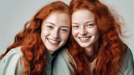 Two young redhead Caucasian females looking alike wearing same formal lightblue shirts looking at camera smiling happily standing close to each other against white studio : Generative AIの素材