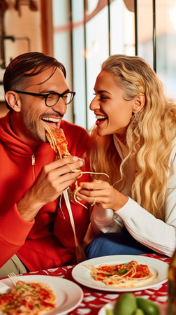 Caucasian couple having nice conversation looking at each other and laughing during lunch at cafe Man eating French fries and talking to his girlfriend in sunglasses who  : Generative AIの素材
