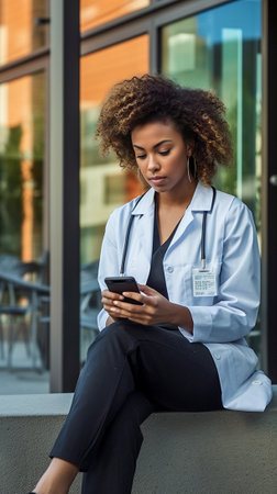 View of pleasant looking curly African American female texts messages on cell phone connected to wireless internet at outdoor cafeteria uses modern technologies Woman blo : Generative AIの素材